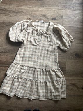 Linen blend Cottage core Beige Plaid Dress with Tie Neck #cottagecore